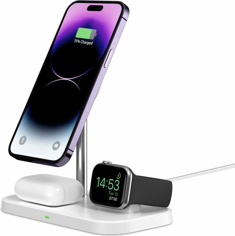 Karikues induktiv 3-në-1 Tech-Protect QI15W-A22 me MagSafe, për smartphone, Apple Watch dhe AirPods, Bardhë