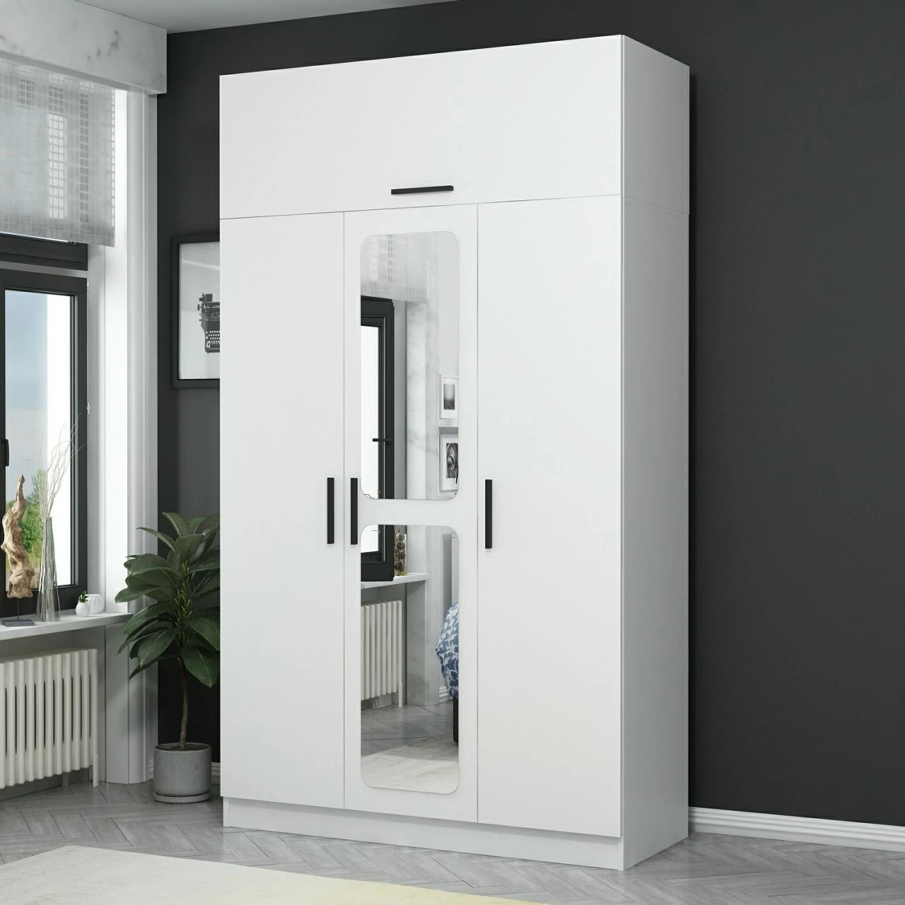 Dollap Skye Decor, Kale 3 kapak me pasqyrë, i bardhë, 255cm