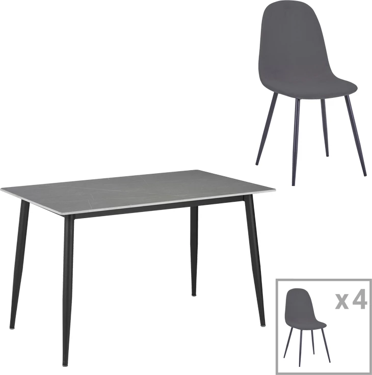 Tavolinë me karrige Gustas-Bella B set prej 5 copash, gur i sinteruar mermeri gri, metal i zi, 120x60x75cm