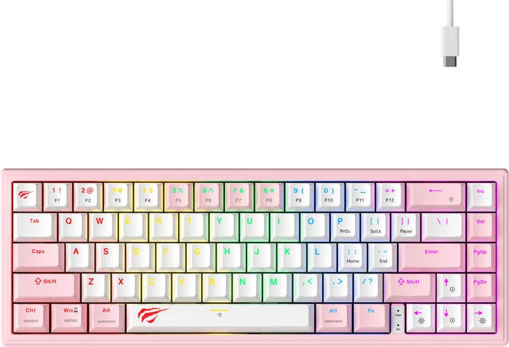 Tastierë mekanike gaming Havit KB874L, RGB, me kabllo, 67 taste, rozë dhe bardhë