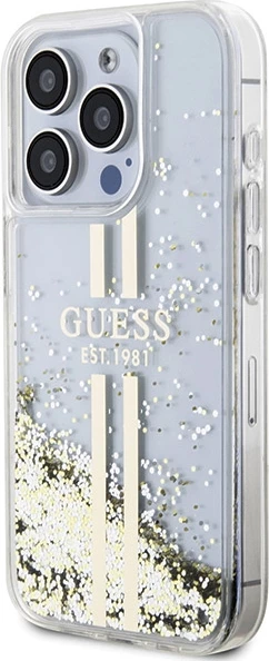 Mbështjellës Guess Liquid Glitter Gold Stripes për iPhone 15 Pro, Transparent