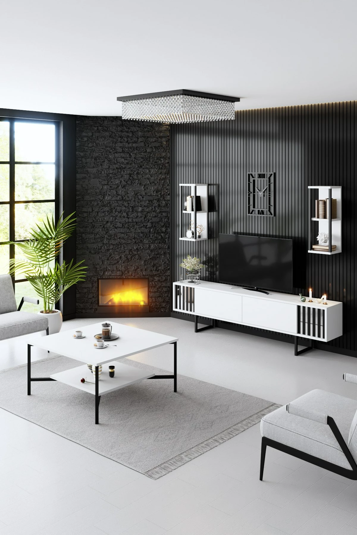 Komodë TV Hanah Home, Chrome Line, e bardhë dhe e zezë