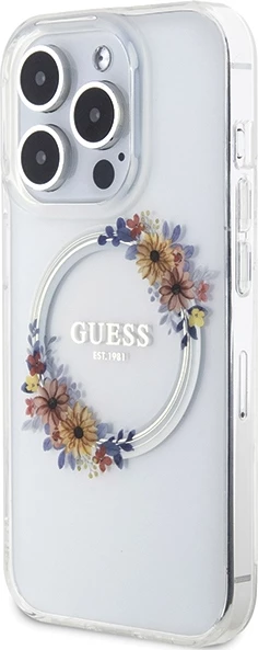 Mbështjellës Guess IML Flowers Wreath MagSafe për iPhone 15 Pro, Transparent