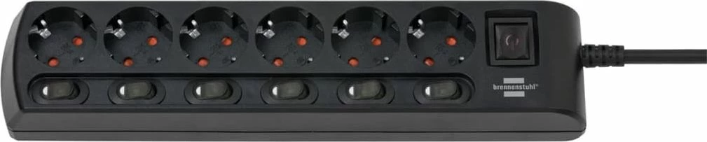 Zgjatues rryme Brennenstuhl Socket Line 1153110116, 6 priza Schuko, kabllo 2 m, 16 A, me switch-e individuale të ndriçuara, i zi