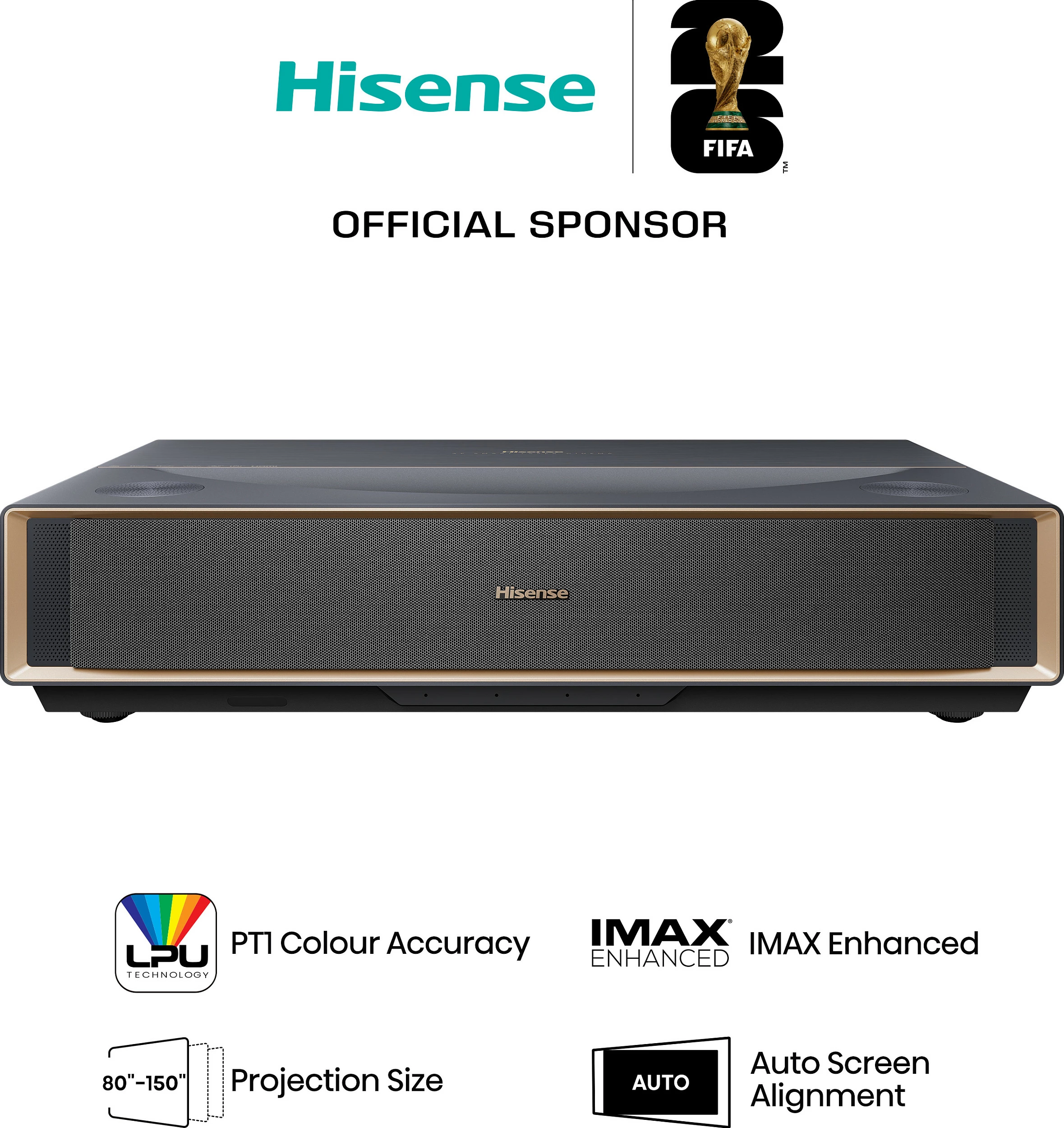 Projektor laser Hisense PT1, 4K UHD, Smart VIDAA, HDR, Dolby Atmos, HDMI 2.1, WiFi, 80-150", ngjyrë e zezë me bronz