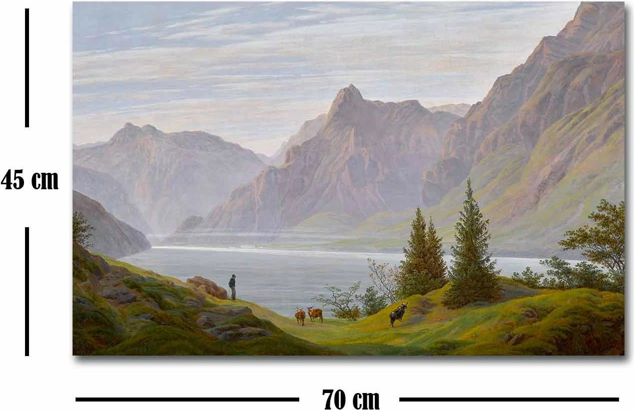 Pikturë dekorative në kanavacë, peizazh me liqen malor, shumëngjyrëshe, 45x70cm