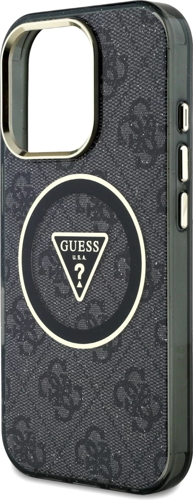 Mbështjellës Guess IML Metal Glitter 4G Circle Triangle MagSafe për iPhone 16 Pro, Zi