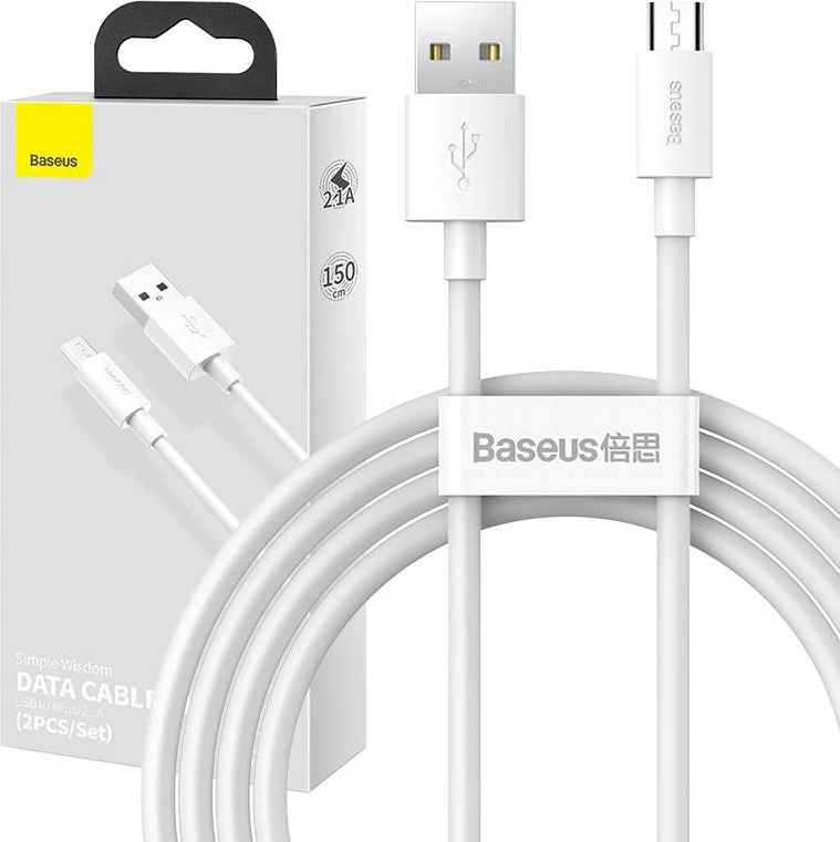 Set kabllo Baseus Simple Wisdom, USB-A në MicroUSB, 1.5m, 2 copë, Bardhë