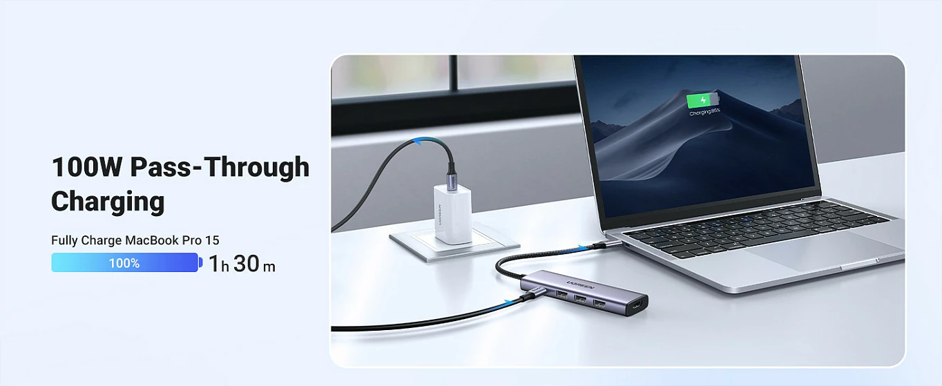 Hub USB-C Ugreen CM511, 6-në-1, HDMI 4K, 3x USB-A, lexues SD/TF, argjendtë
