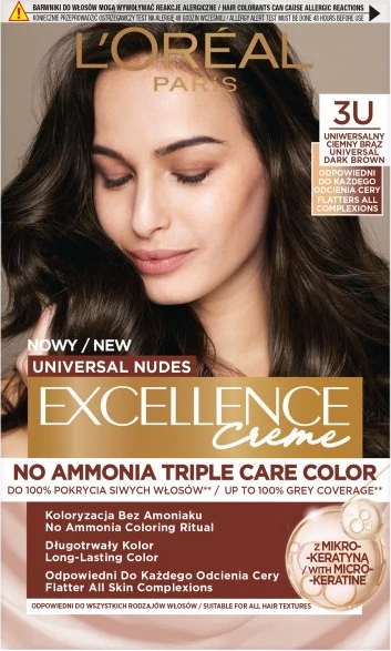 Krem ngjyrosës për flokë L'Oreal Paris Excellence Creme Universal Nudes 3U për femra, kafe e errët universale, 1 copë