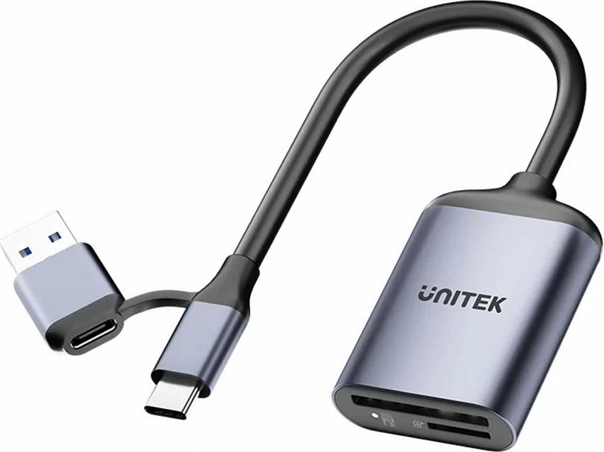 Lexues kartelash Unitek SD4.0/Micro SD4.0 2-në-1, USB-C/USB-A, deri 321 MB/s, gri