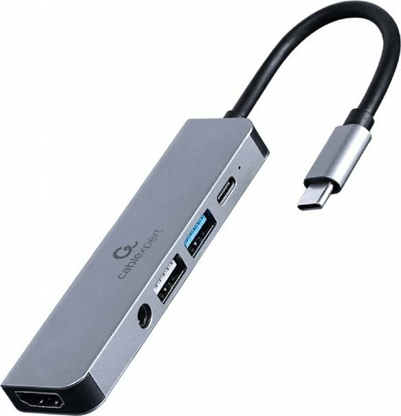 Stacion docking USB-C Gembird A-CM-COMBO5-02, HDMI 4K, PD 87W, 2x USB-A, 1x USB-C, audio 3.5mm, gri