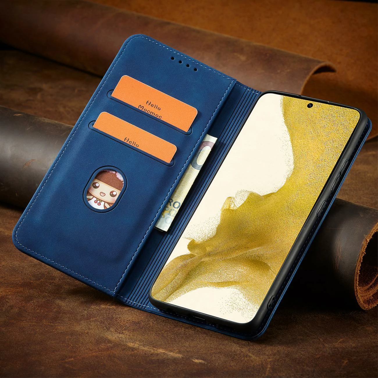 Mbështjellës Hurtel Magnet Fancy Case për Samsung Galaxy S23+, me kapak, portofol dhe qëndrim, Blu