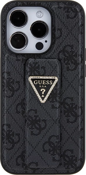 Mbështjellës Guess Grip Stand 4G Triangle Strass për iPhone 15 Pro, i zi