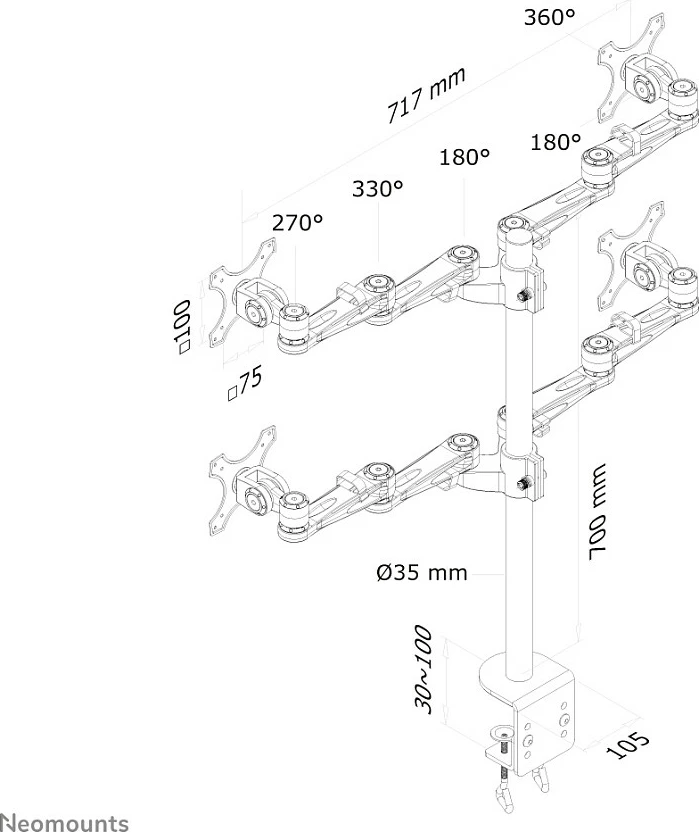 Krah monitori Neomounts FPMA-D935D4, 4 ekrane, 10-27 inç, rregullim lartësie, argjendtë
