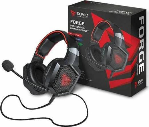 Kufje gaming Savio Forge, me mikrofon, me kabllo, 3.5 mm + USB, ndriçim i kuq