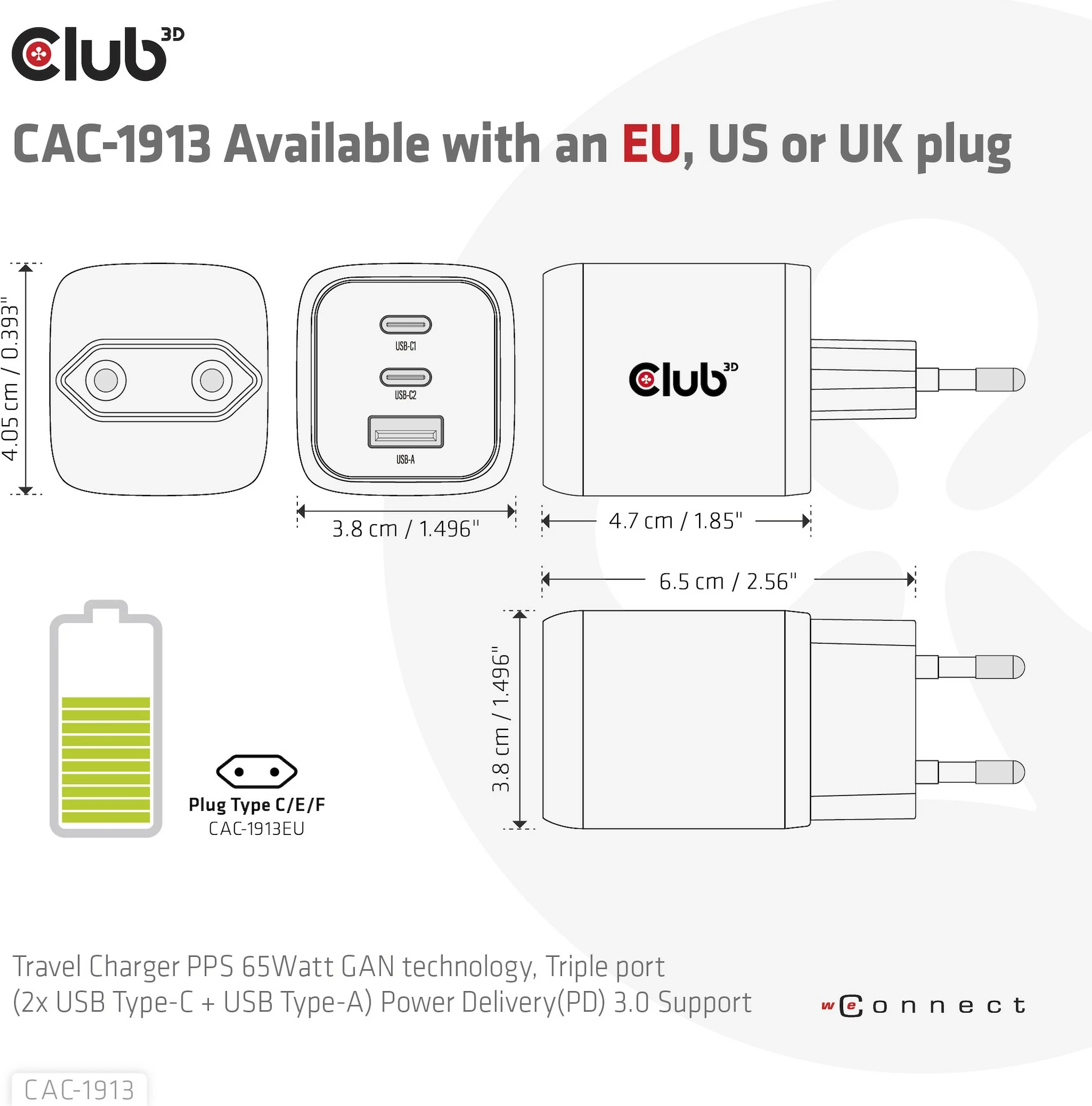 Karikues Club3D CAC-1913EU, 2xUSB Type-C, 1xUSB Type-A, PD 65W, GaN, i zi