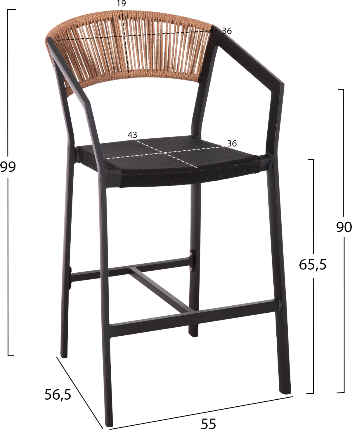 Karrige për bar alumini, ngjyrë zezë, FH5892.15, lartësi mesatare, tekstilene e zezë dhe ratan bezhë, 56.5x57x99.5H cm