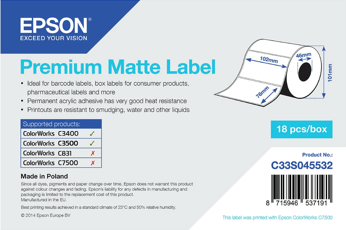 Etiketa Epson Premium Matte, 102x76mm, 440 copë, për TM-C3400-LT, të bardha