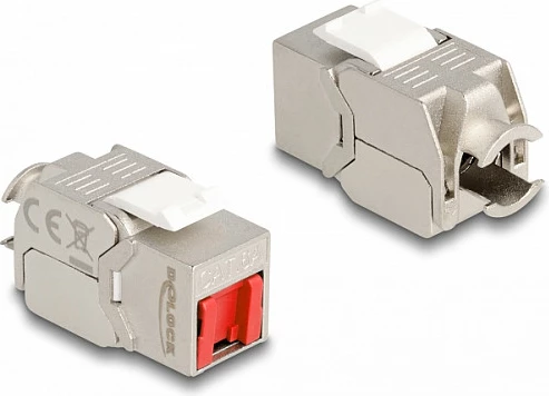 Modul Keystone DeLOCK RJ45 në LSA, Cat6A, toolfree, i ekranizum, metalik/kuq/bardhë