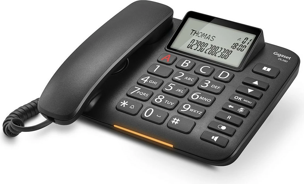 Telefon fiks analog Gigaset DL380, butona të mëdhenj, speakerphone, ekran LCD, i zi