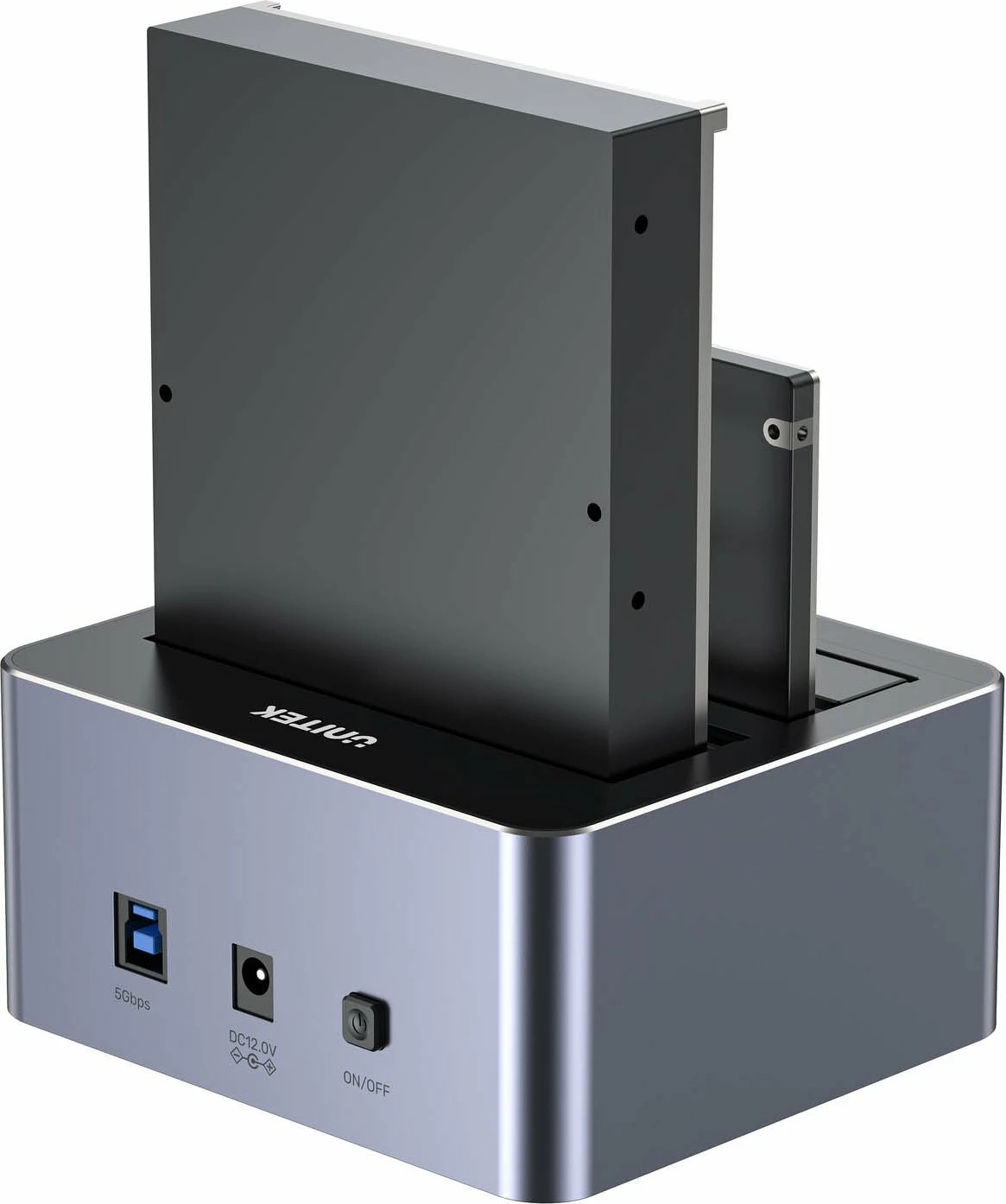 Stacion klonimi/dokimi disqesh Unitek Y-3026GY01-EU, 2x SATA 2.5\"/3.5\", USB 3.2 Gen 1 5Gbps, klonim offline, gri, set me kabllo USB-A dhe adapter 12V 3A