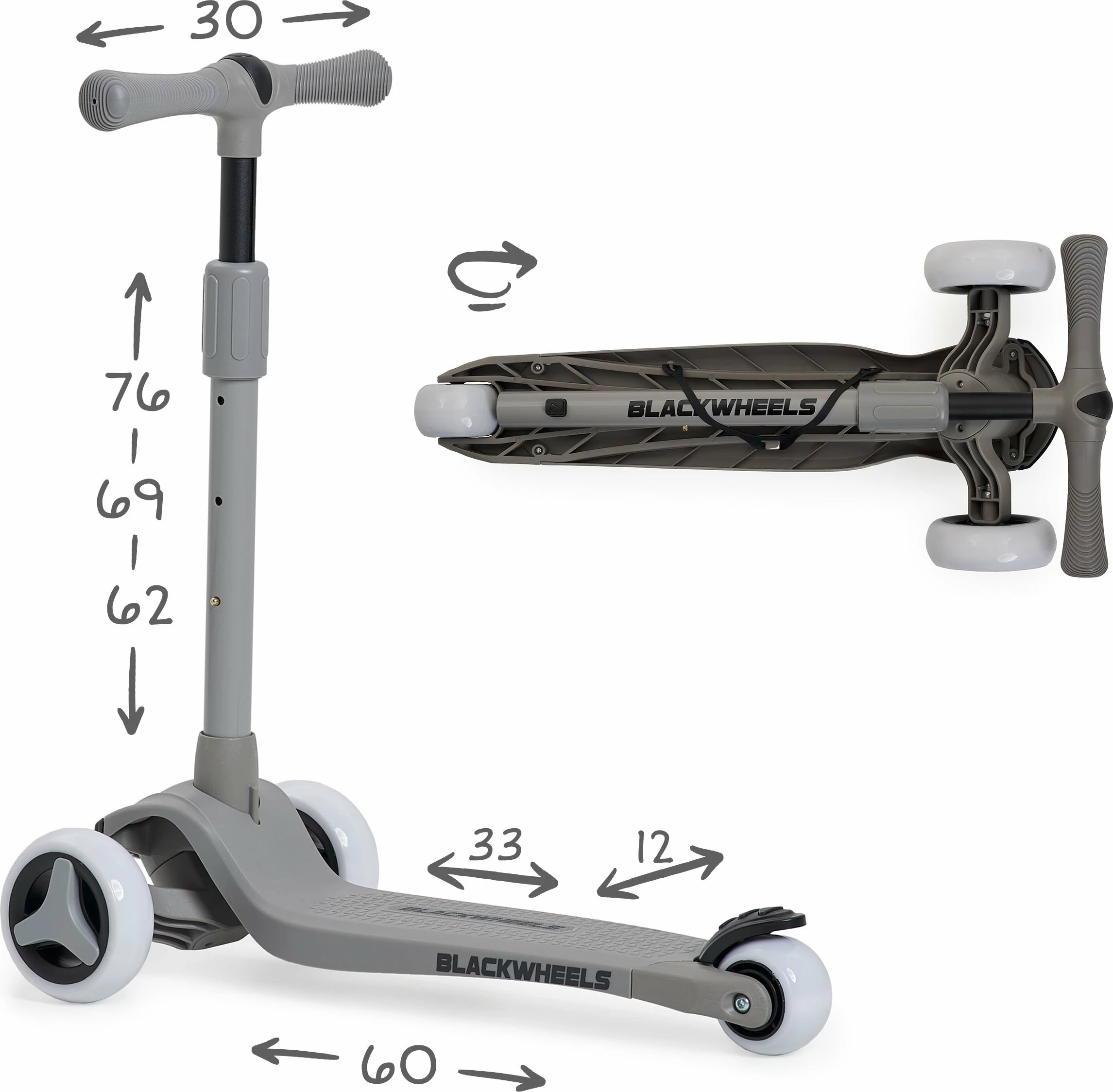 Skuter tre-rrotësh Blackwheels Blink, rrota LED, i palosshëm, 61-75 cm, 25 kg max, gri