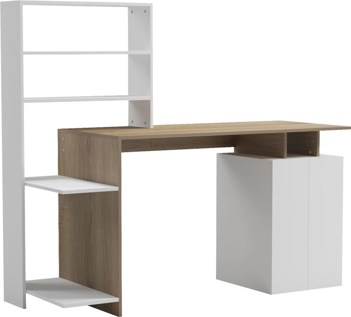 Tavolinë zyre me raft dhe dollap Meza, ngjyrë sonoma-bardhë, 146.3x55x128.8cm