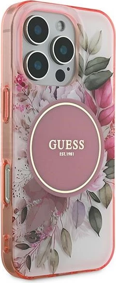 Mbështjellës Guess IML Flower & Tonal Circle MagSafe për iPhone 16 Pro Max, Rozë