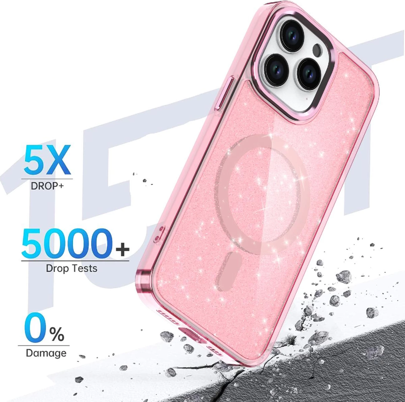 Mbështjellës Hurtel Glitter Case MagSafe për iPhone 16 Pro, rozë me shkëlqim