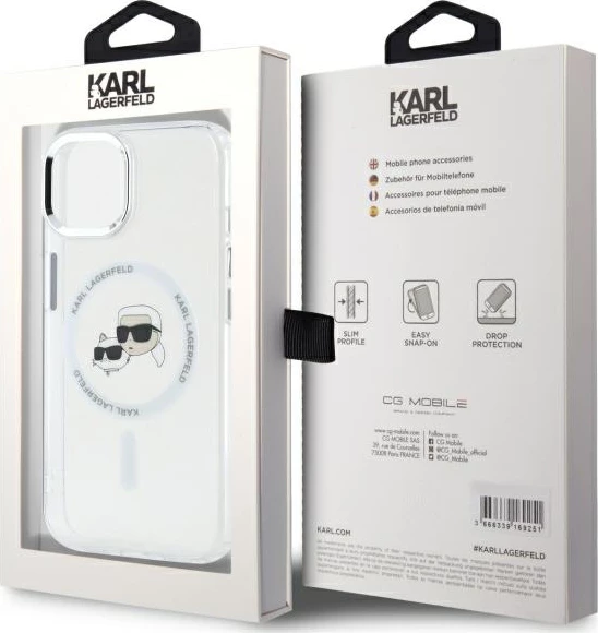 Mbështjellës Karl Lagerfeld IML Metal Karl&Choupette Head MagSafe për iPhone 14, Bardhë