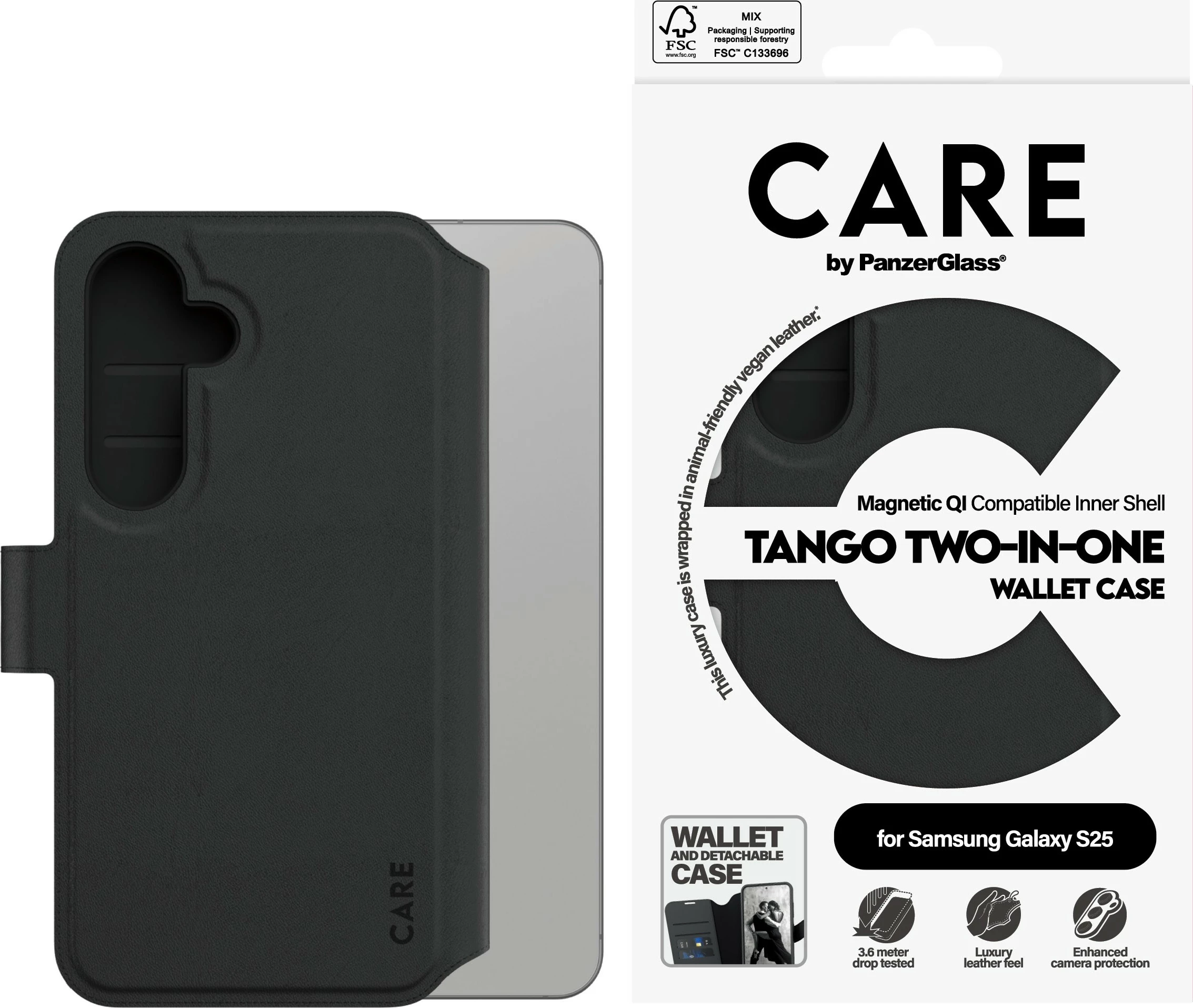 Mbështjellës PanzerGlass CARE Feature Case Tango 2-in-1, për Samsung Galaxy S25, i zi
