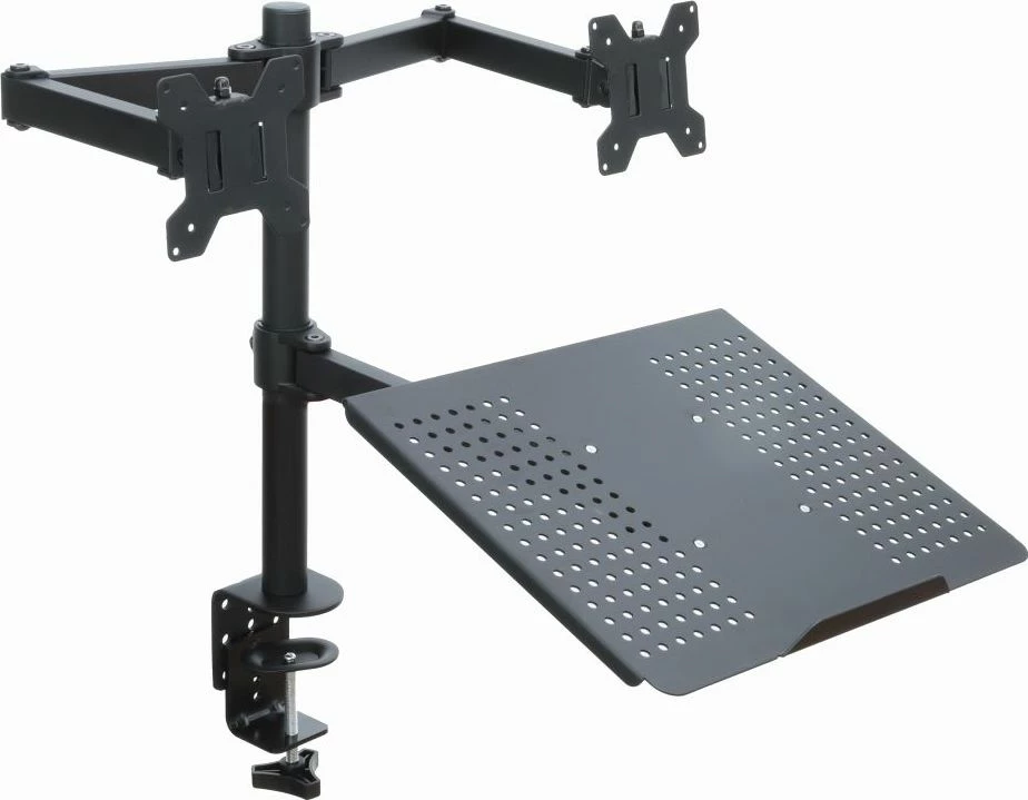 Mbajtës tavoline për 2 monitorë Art RAMM L-25 13–27\", VESA 100x100, max 10 kg, me raf për laptop, i zi