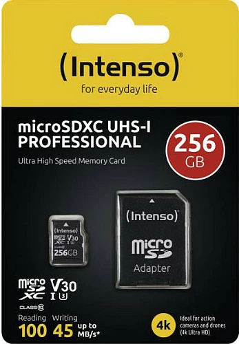 Kartelë memorjeje microSDXC Intenso UHS-I Professional 256GB, U3/V30 Class 10, me adapter SD, e zezë