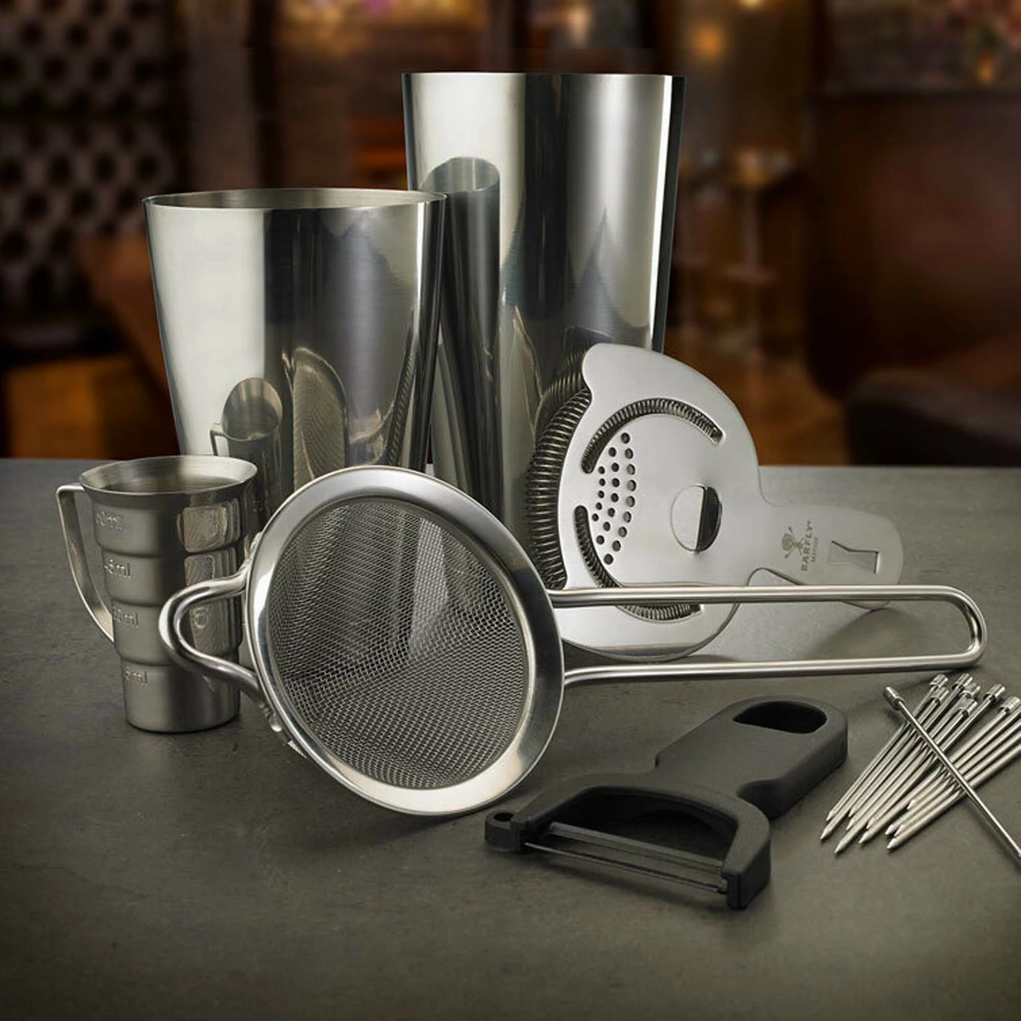 Jigger matës barmanësh, BarFly, 25/50 ml, inoks 18/8, buzë e drejtë, argjendtë/bakër antik