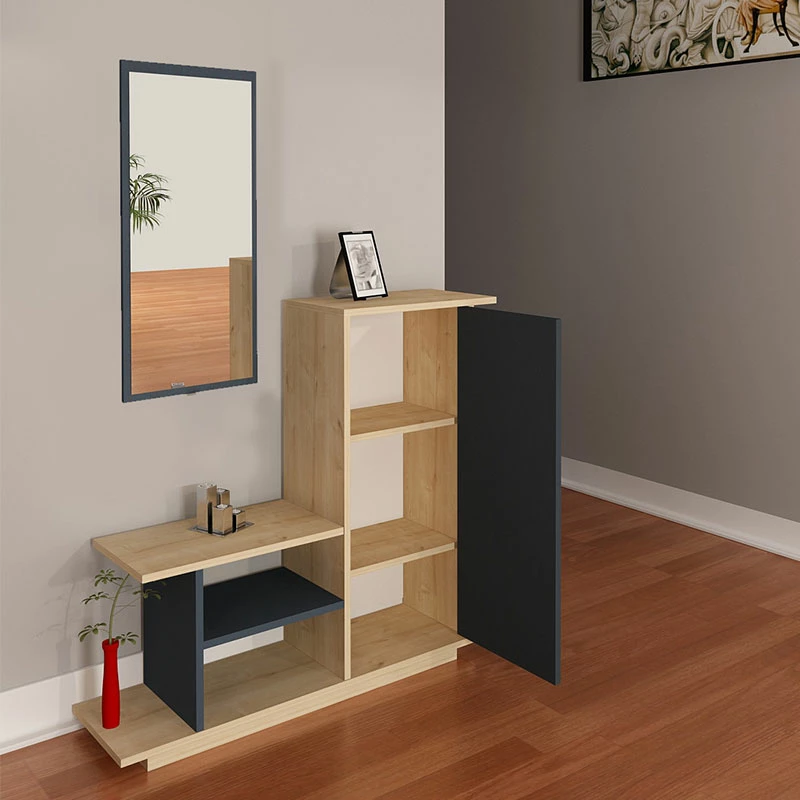 Mobilje hyrëse me pasqyrë Ceel, ngjyrë natyrale-karbon, 80x29.5x90cm