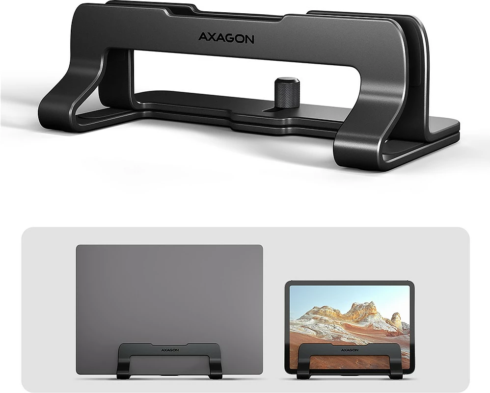 Mbajtëse vertikale laptop/tablet, AXAGON STND-VB, alumin, për 10-17.3", gjerësi e rregullueshme 9.5-25.5 mm, e zezë