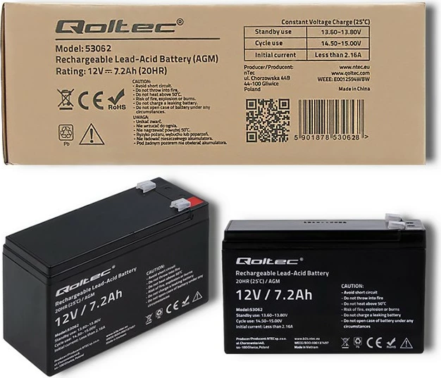 Bateri AGM Qoltec 53062, 12V, 7.2Ah, e zezë