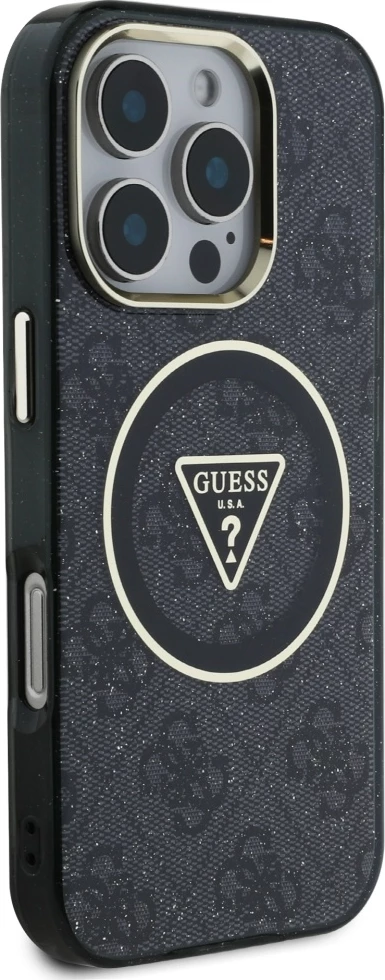 Mbështjellës Guess IML Metal Glitter 4G Circle Triangle MagSafe për iPhone 16 Pro, Zi