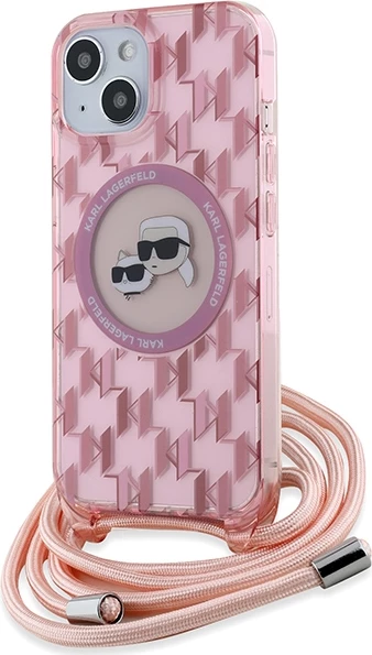 Mbështjellës Karl Lagerfeld IML Crossbody Monogram Karl & Choupette Head MagSafe për iPhone 15/14/13, rozë