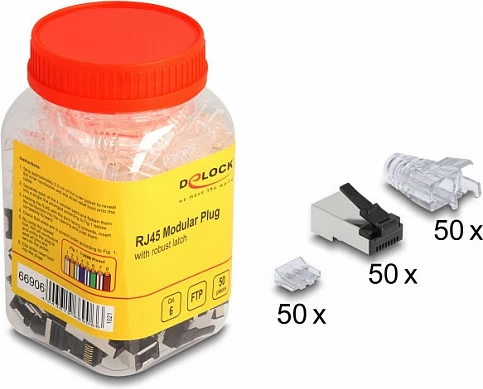 Konektor RJ45 DeLOCK Cat6 FTP, me mbrojtje kundër përkuljes, 50 copë