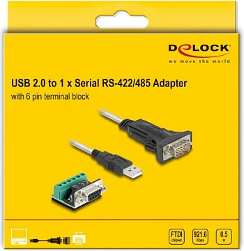 Adapter USB 2.0 Type-A në RS-422/485 DeLOCK, DB9 + terminal 6-pin, 0.5 m, i zi/transparent