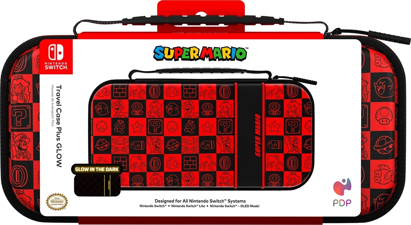 Kuti udhëtimi për Nintendo Switch PDP Switch Travel Case Plus Mario Icon Glow in the Dark, e kuqe/zezë