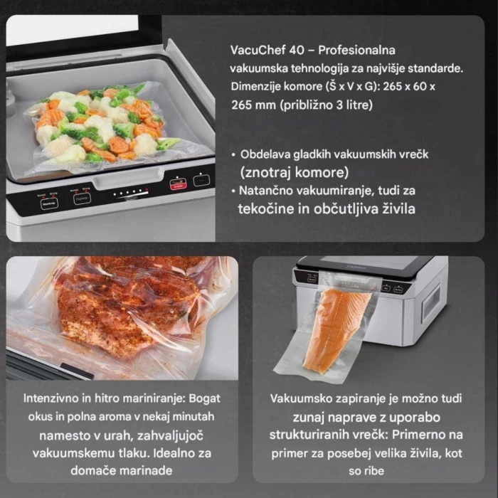 Makinë vakumimi me dhomë CASO VacuChef 40 280W, 70 L/min, saldim i dyfishtë 25 cm, set me 20 qese + tub vakumi, Inoks