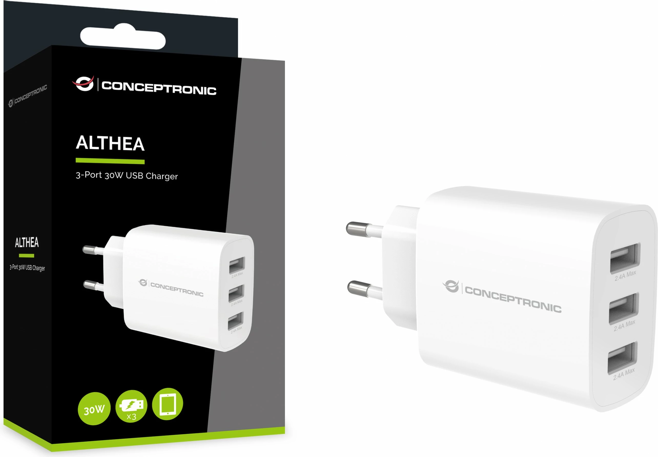 Karikues Conceptronic 3 porta USB-A 30W i bardhë