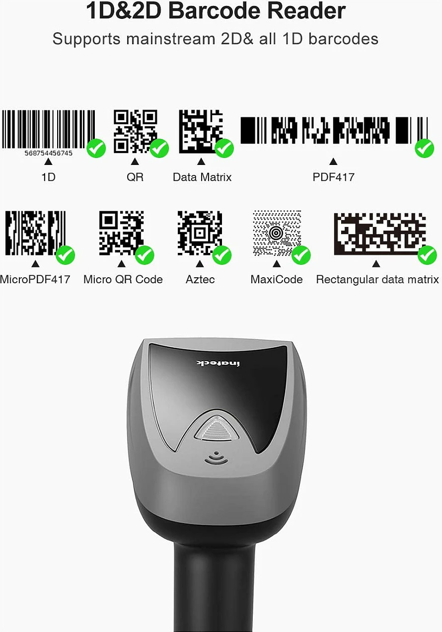 Skaner barkodi Inateck BCST-52, 1D/2D, Bluetooth/USB, me bazë karikimi, zi/hiri/verdhë
