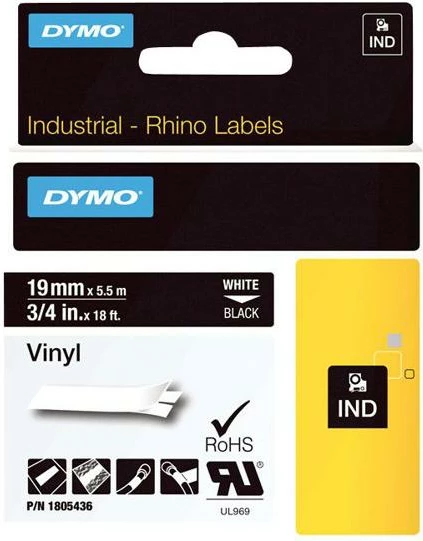 Shirit etiketimi vinyl, Dymo, Rhino Coloured Vinyl 1805436, 19mm x 5.5m, e bardhë/tekst i zi