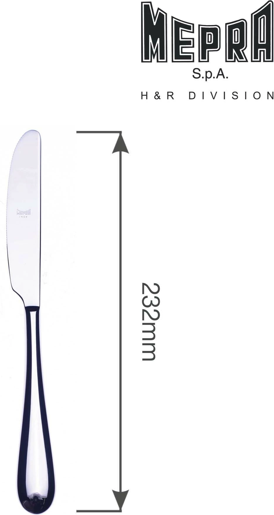 thikë tavoline, Mepra Natura, inoks 18/10 4 mm, teh me mikro-serracion, dorezë e plotë, i përshtatshëm për enëlarëse, argjendtë