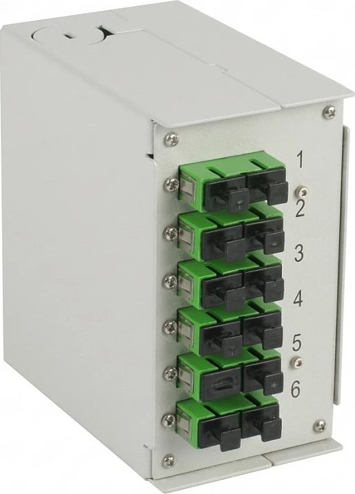 Kuti fibër optike DIN-rail EFB Elektronik OS2 G652D, 12x SC/APC pigtail, 6x SC/APC duplex adapter, e bardhë