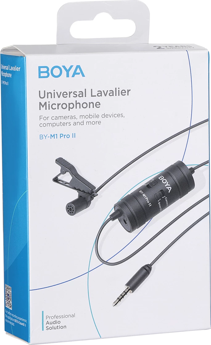 Mikrofon lavalier i lidhur BOYA BY-M1 Pro II, 3.5mm TRRS, kabllo 6 m, me monitorim, i zi, set me klip dhe mbrojtës ere